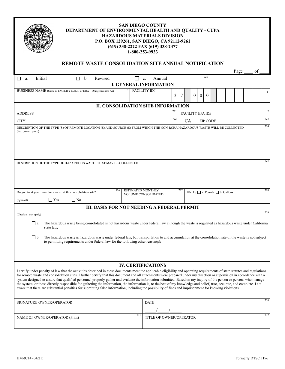 Form HM-9714 Remote Waste Consolidation Site Annual Notification - County of San Diego, California, Page 1