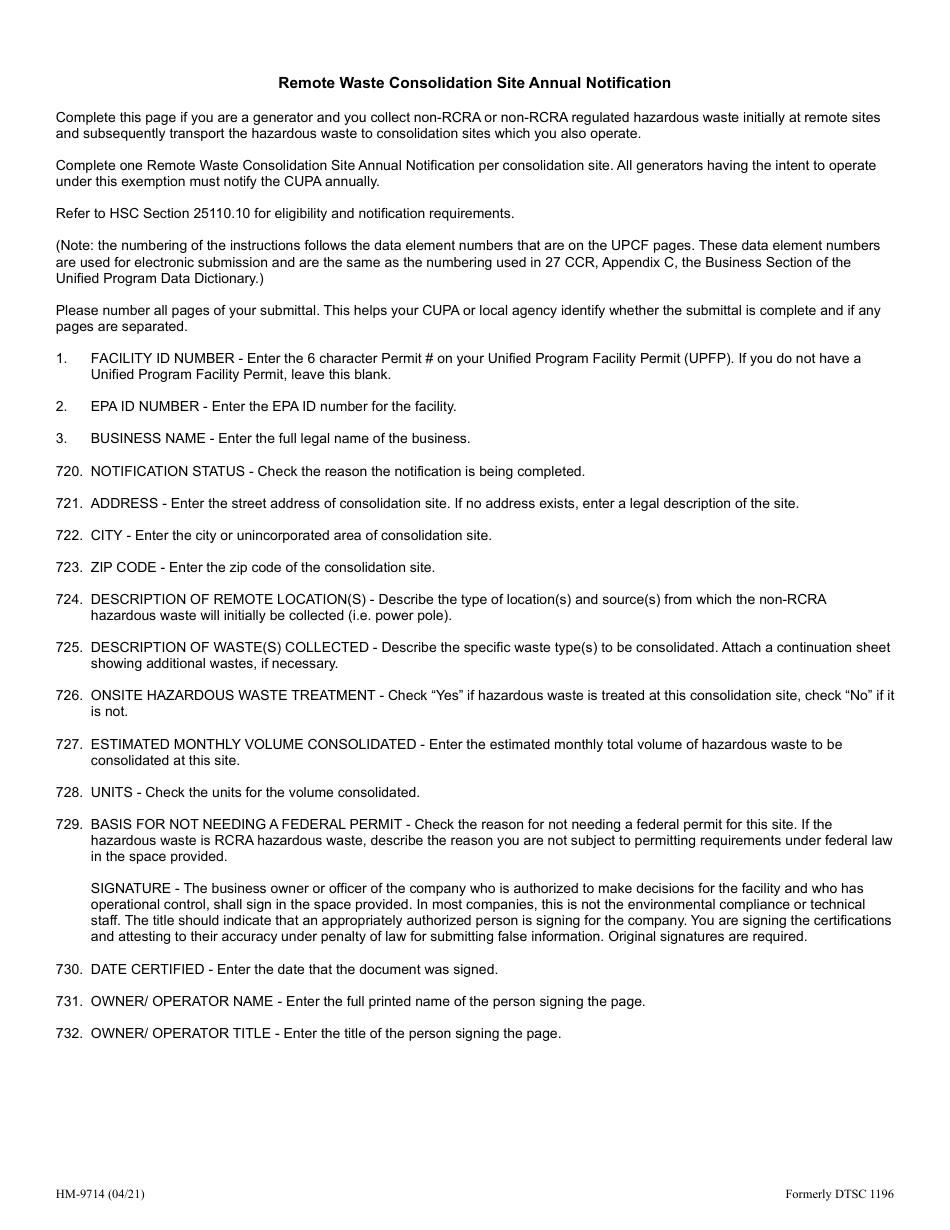 Form HM-9714 Remote Waste Consolidation Site Annual Notification - County of San Diego, California, Page 2
