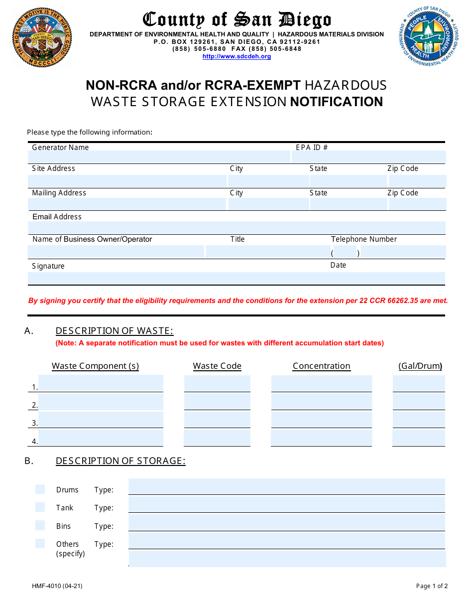Form HMF-4010 Non-rcra and / or Rcra-Exempt Hazardous Waste Storage Extension Notification - County of San Diego, California, Page 1