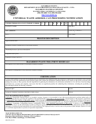 Document preview: Form HM-9284 Universal Waste Aerosol Can Processing Notification - County of San Diego, California