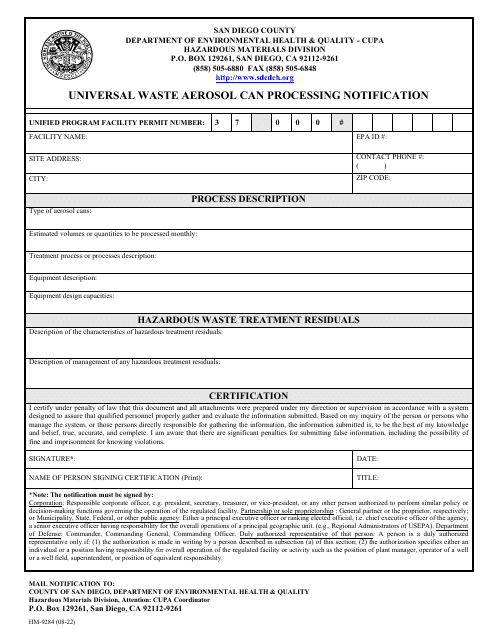 Form HM-9284 Universal Waste Aerosol Can Processing Notification - County of San Diego, California