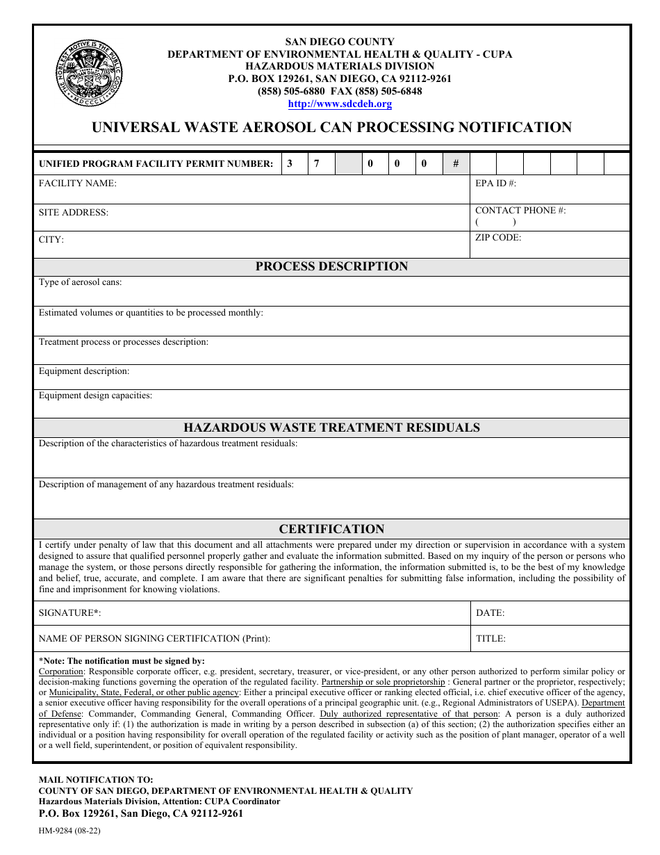 Form HM-9284 Universal Waste Aerosol Can Processing Notification - County of San Diego, California, Page 1