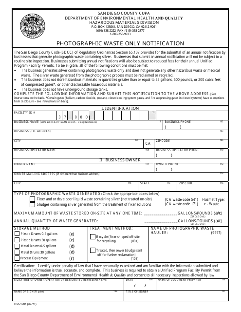 Form HM-9281 Photographic Waste Only Notification - County of San Diego, California