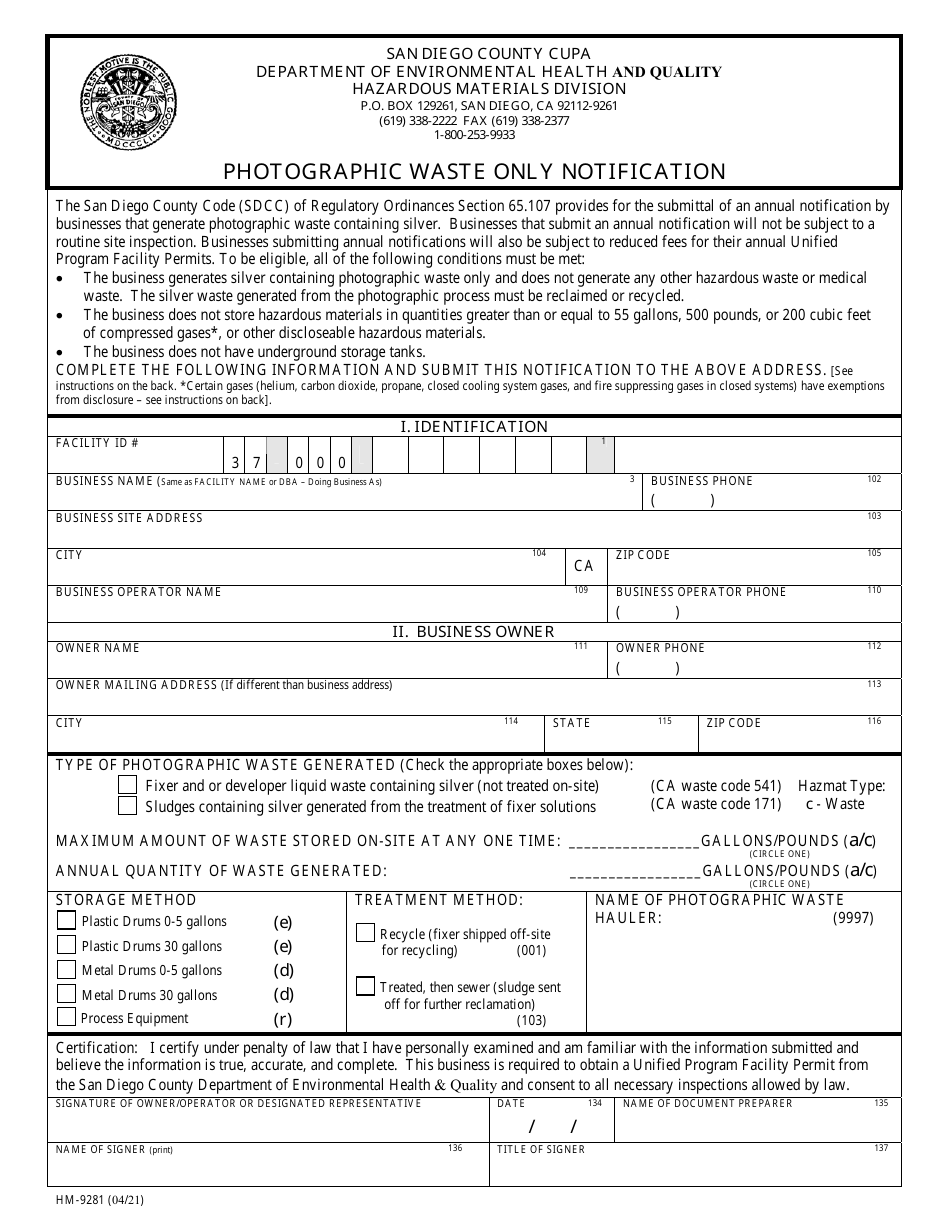 Form HM-9281 Photographic Waste Only Notification - County of San Diego, California, Page 1