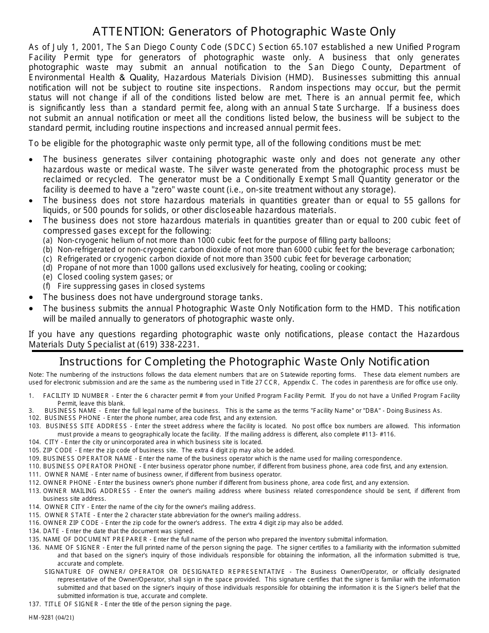 Form HM-9281 Photographic Waste Only Notification - County of San Diego, California, Page 2