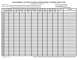 Form DEHQ:HM-9321 Hazardous Waste Tank System Daily Inspection Log - County of San Diego, California