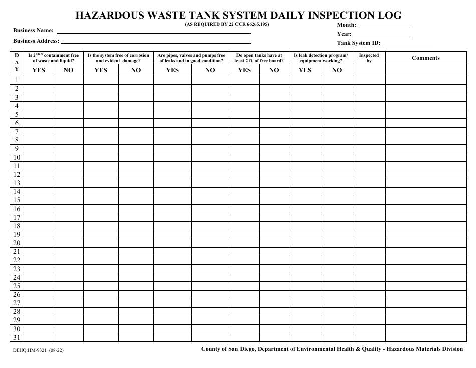 Form DEHQ:HM-9321 Hazardous Waste Tank System Daily Inspection Log - County of San Diego, California, Page 1