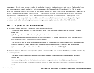 Form DEHQ:HM-9321 Hazardous Waste Tank System Daily Inspection Log - County of San Diego, California, Page 2