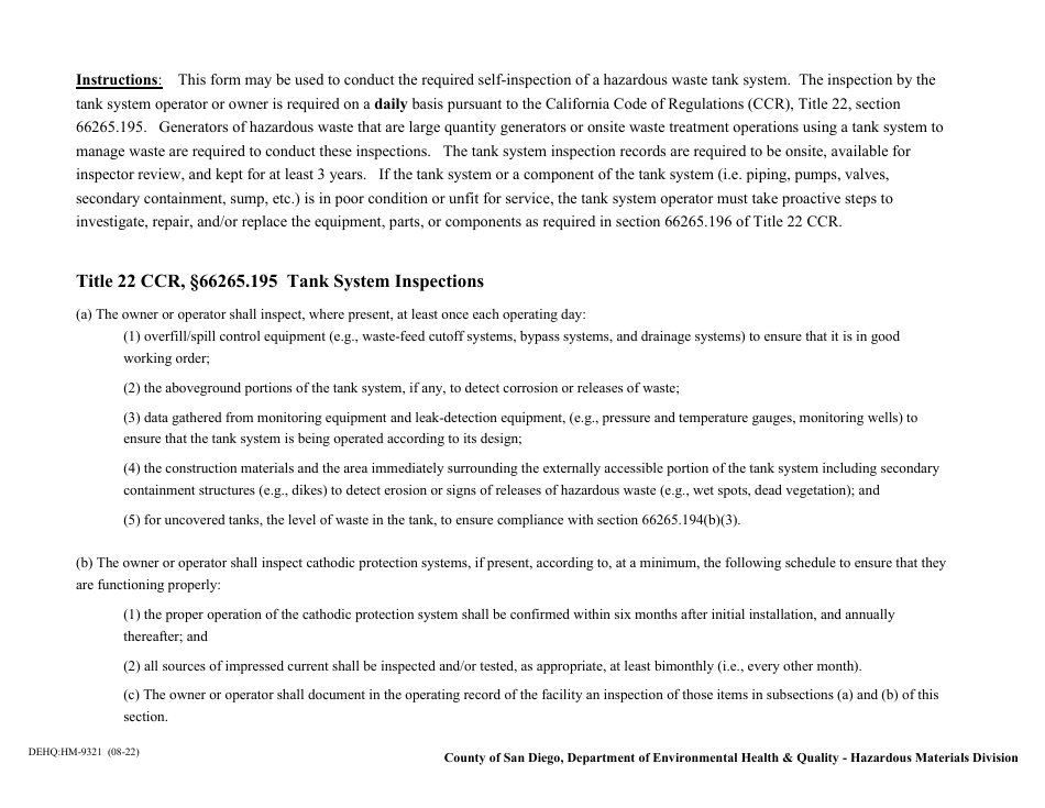 Form DEHQ:HM-9321 Hazardous Waste Tank System Daily Inspection Log - County of San Diego, California, Page 2