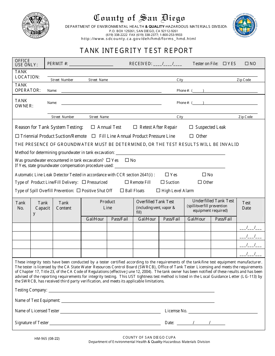 Form HM-965 Tank Integrity Test Report - County of San Diego, California, Page 1