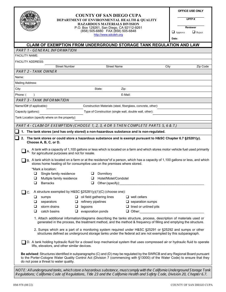 Form HM-978 Claim of Exemption From Underground Storage Tank Regulation and Law - County of San Diego, California, Page 1