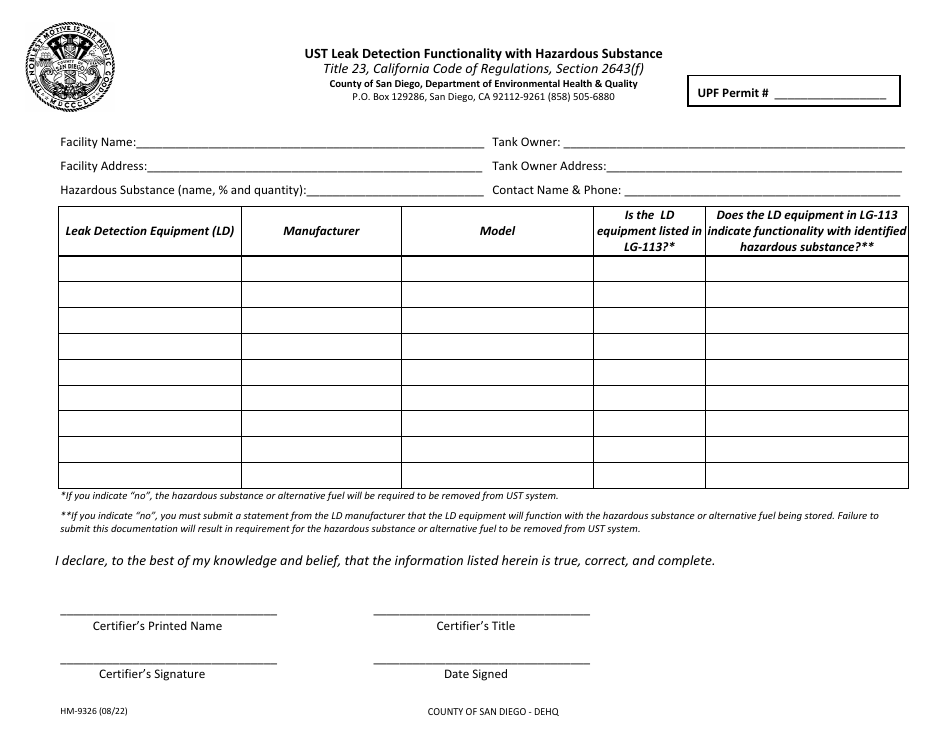 Form HM-9326 Ust Leak Detection Functionality With Hazardous Substance - County of San Diego, California, Page 1