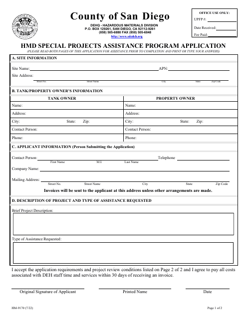 Form HM-9170 Hmd Special Projects Assistance Program Application - County of San Diego, California