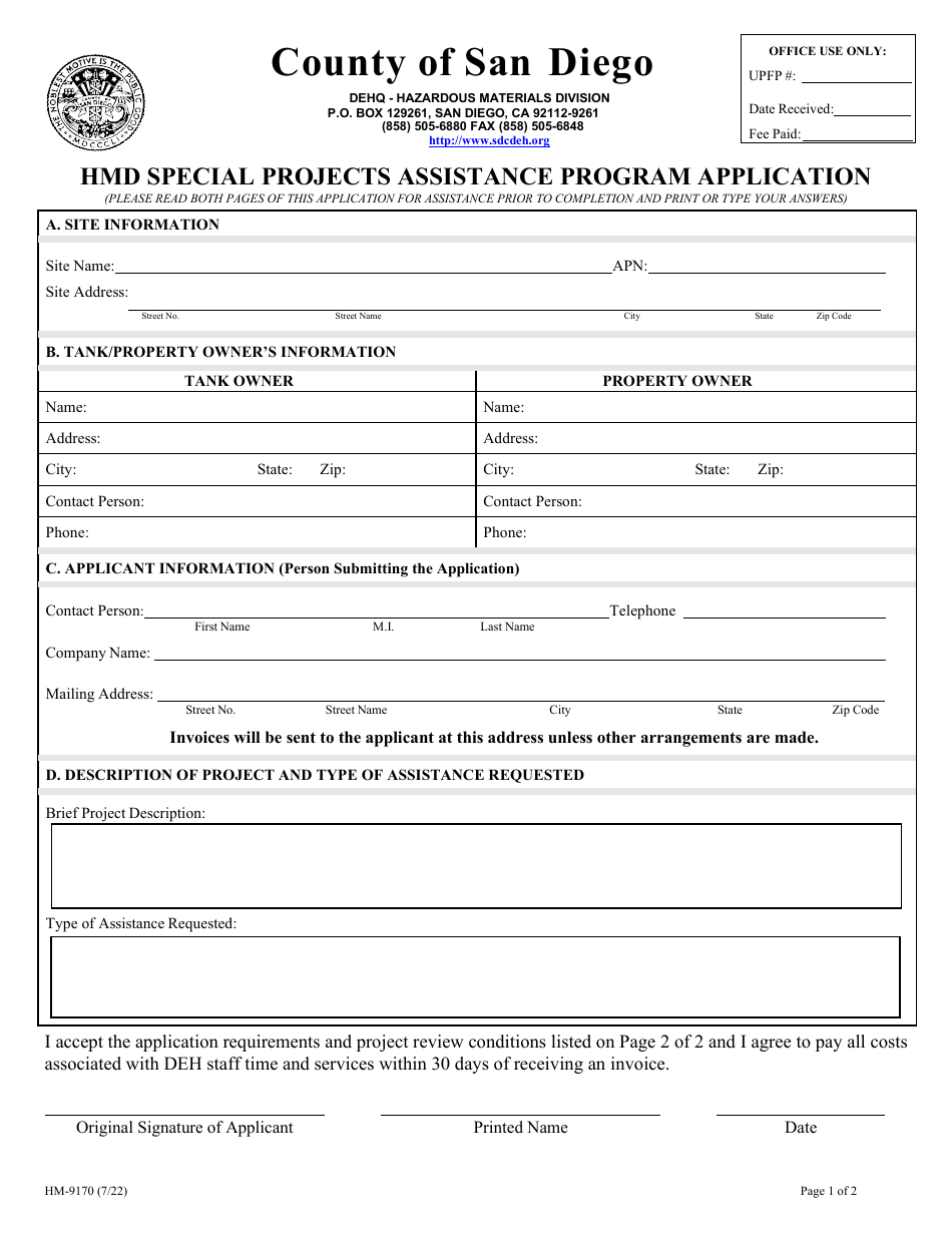Form HM-9170 Hmd Special Projects Assistance Program Application - County of San Diego, California, Page 1