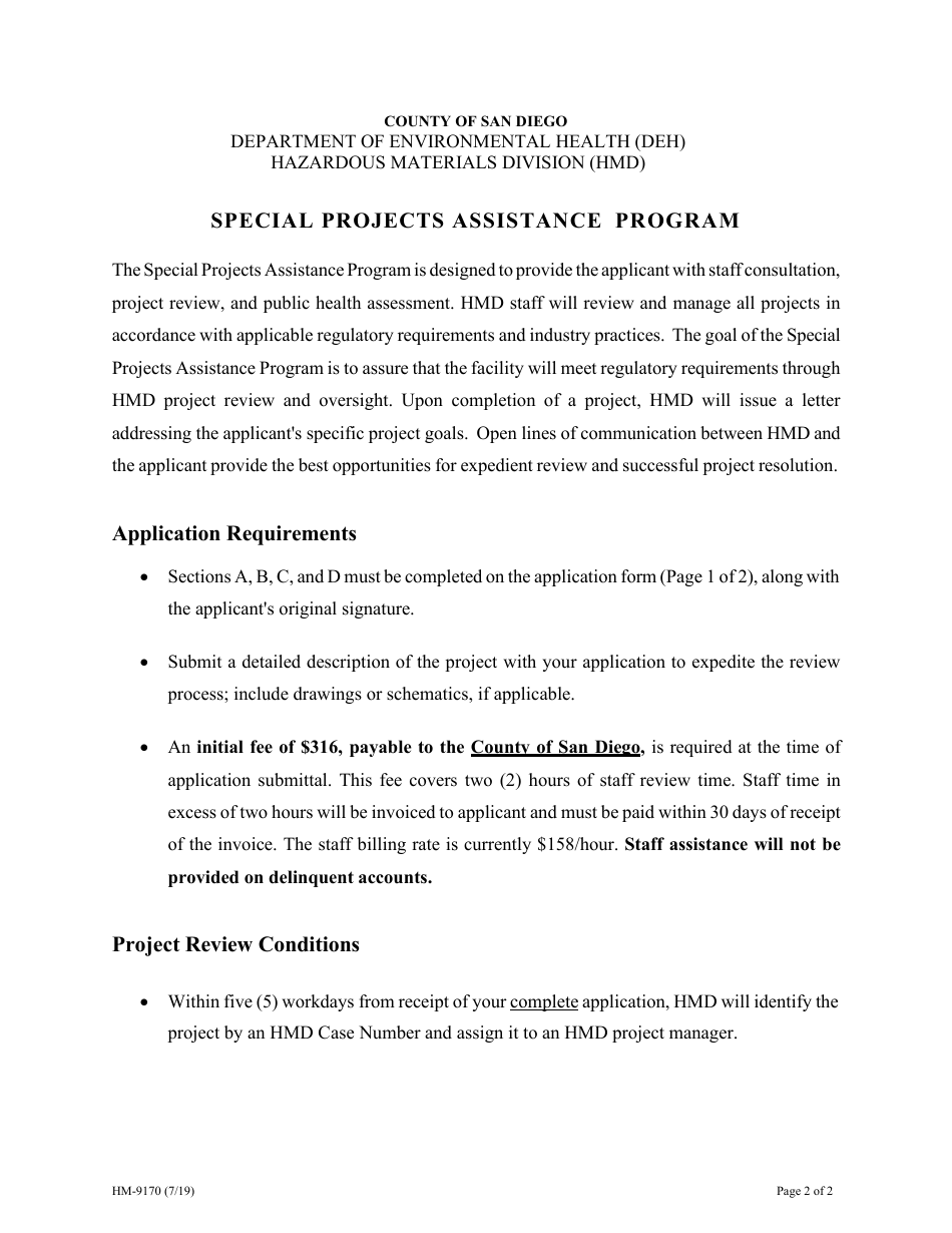 Form HM-9170 Hmd Special Projects Assistance Program Application - County of San Diego, California, Page 2