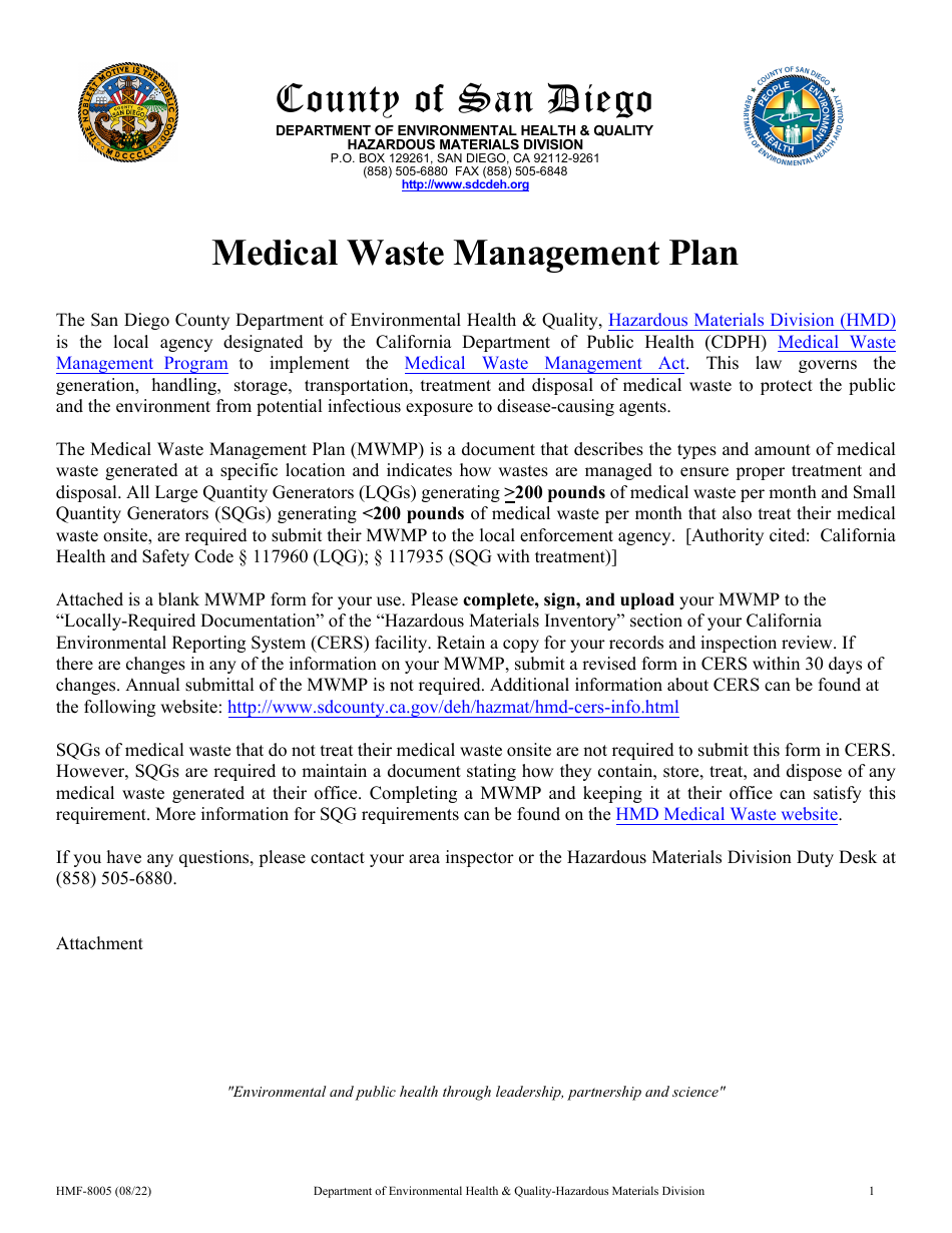 Form HMF-8005 Medical Waste Management Plan - County of San Diego, California, Page 1