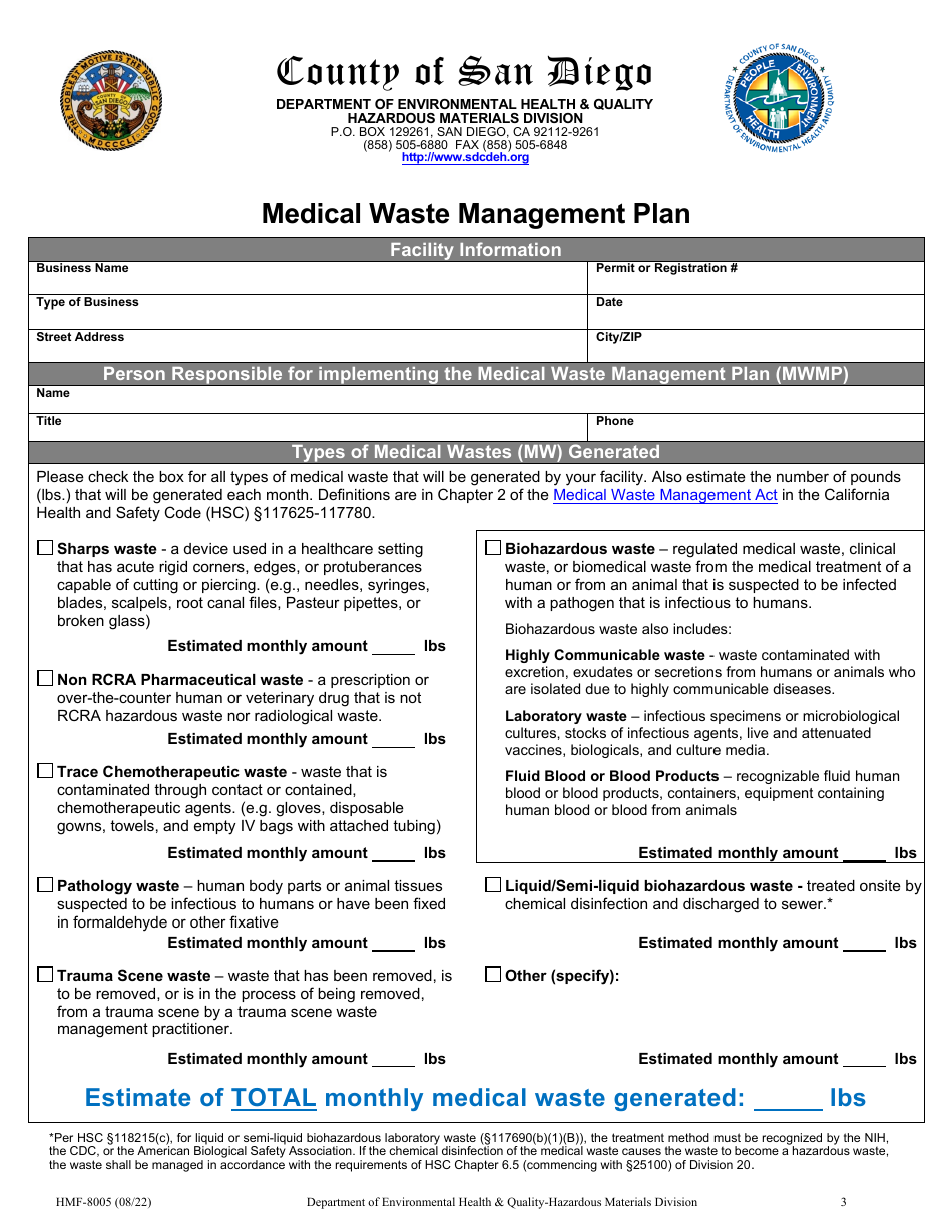 Form HMF-8005 Medical Waste Management Plan - County of San Diego, California, Page 3