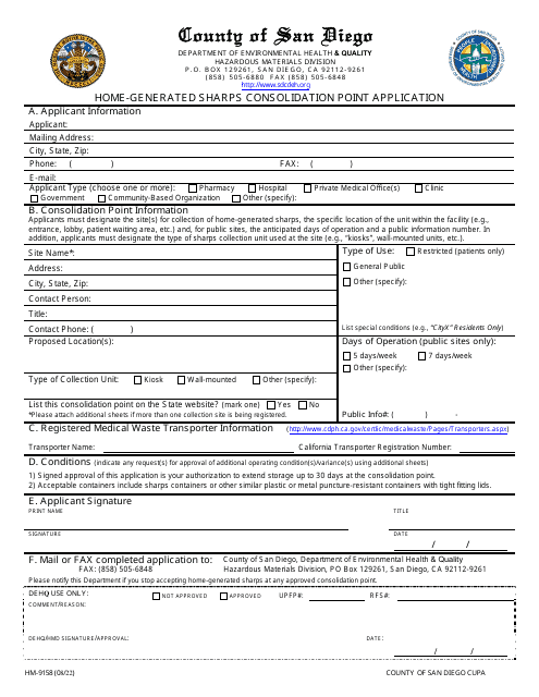 Form HM-9158 Home-Generated Sharps Consolidation Point Application - County of San Diego, California