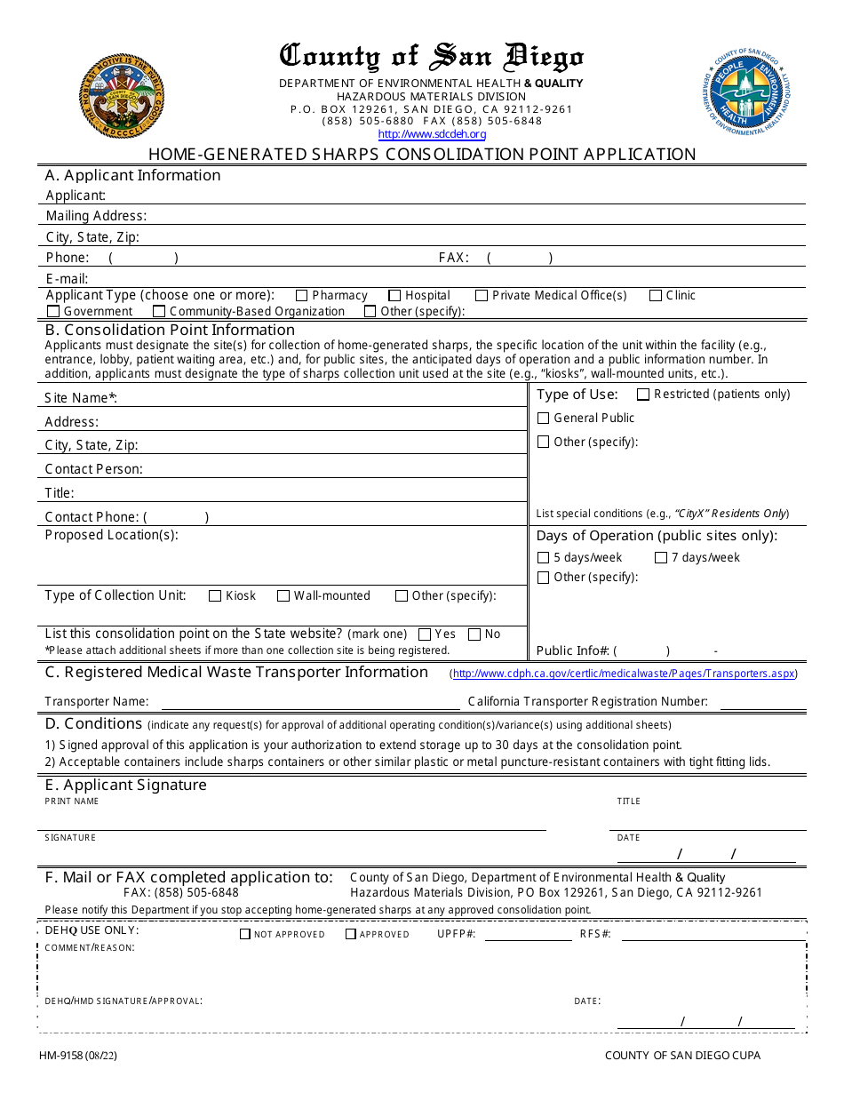 Form HM-9158 Home-Generated Sharps Consolidation Point Application - County of San Diego, California, Page 1