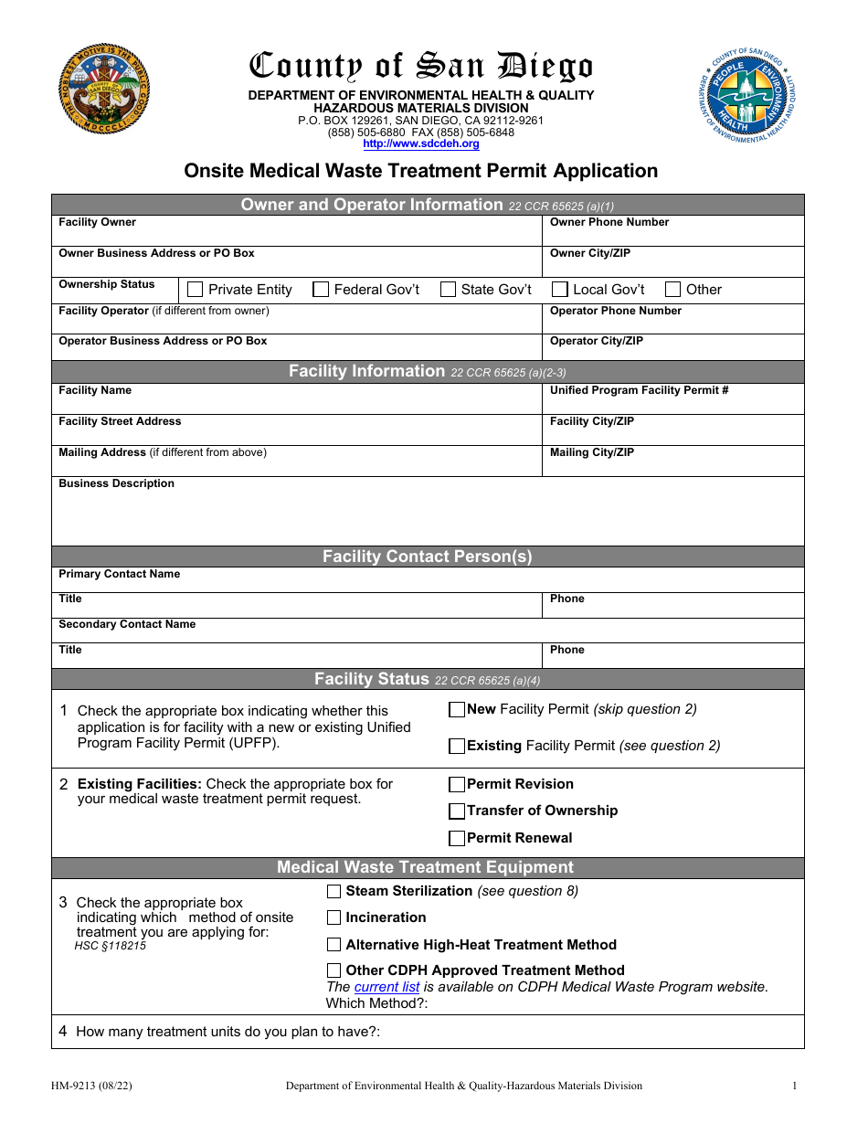 Form HM-9213 Onsite Medical Waste Treatment Permit Application - County of San Diego, California, Page 1