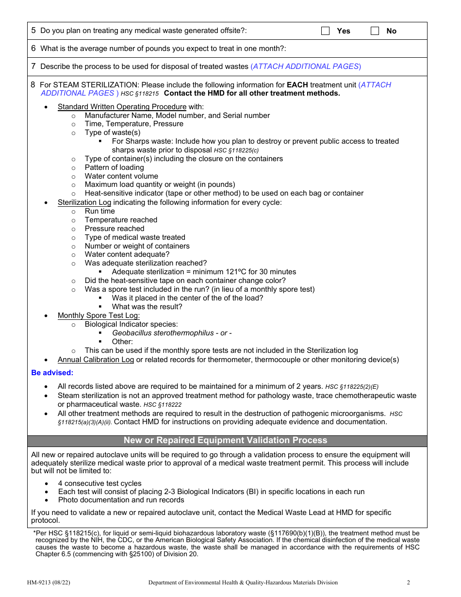 Form HM-9213 Onsite Medical Waste Treatment Permit Application - County of San Diego, California, Page 2