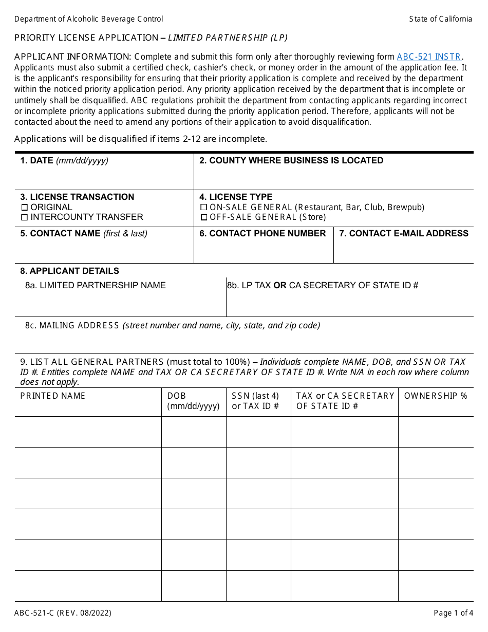 Form ABC-521-C Priority License Application - Limited Partnership (Lp) - California, Page 1