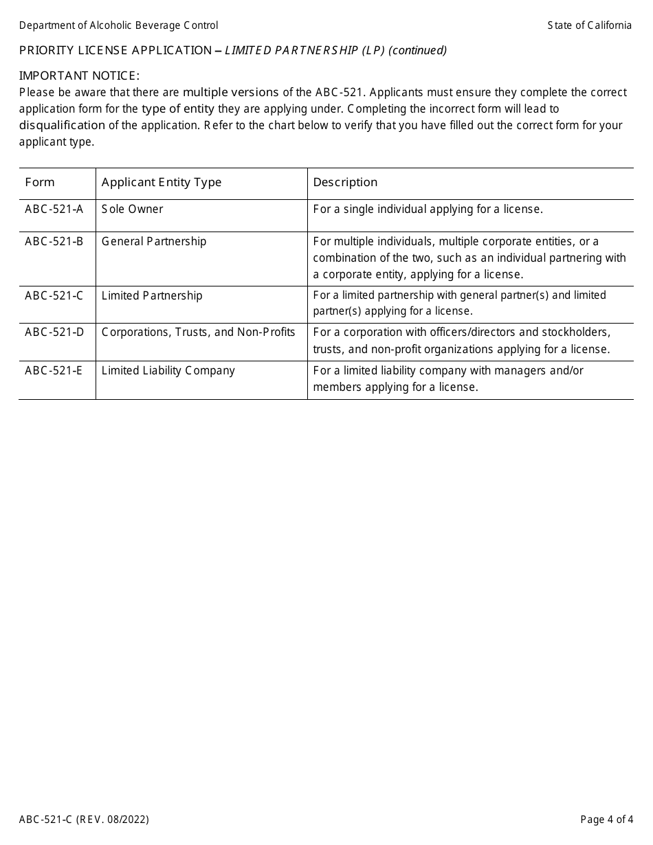 Form ABC-521-C Priority License Application - Limited Partnership (Lp) - California, Page 4
