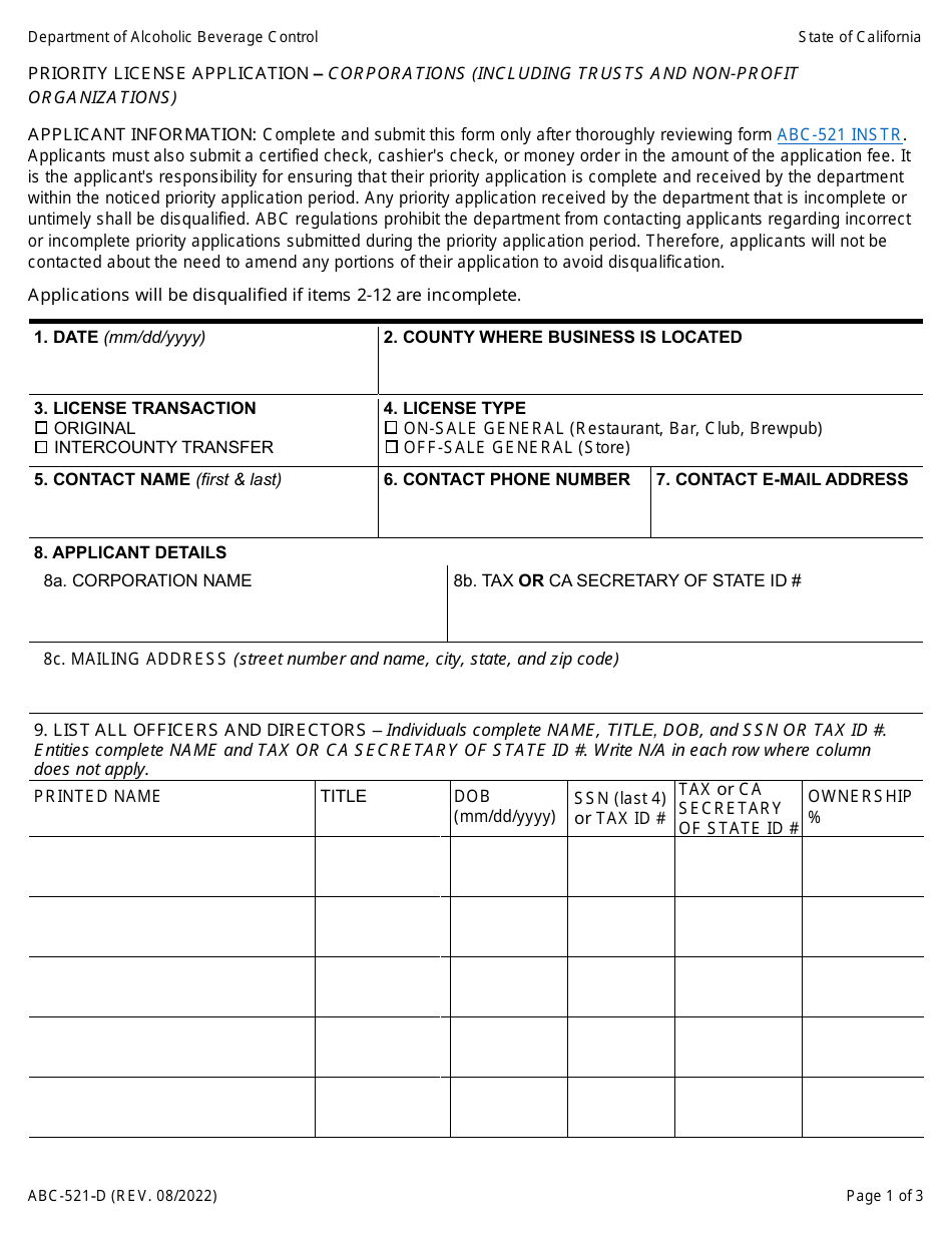 Form ABC-521-D Priority License Application - Corporations (Including Trusts and Non-profit Organizations) - California, Page 1