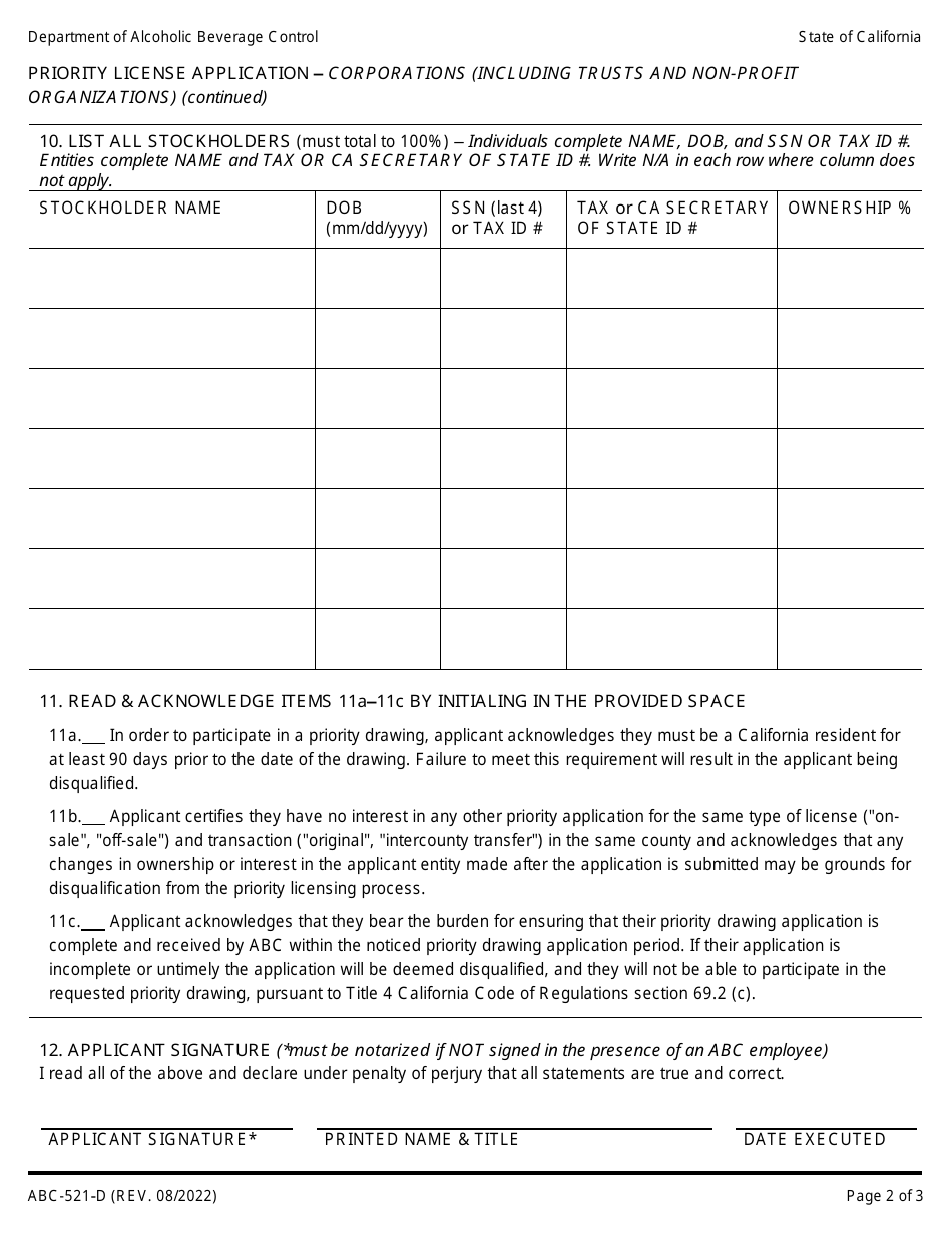 Form ABC-521-D Priority License Application - Corporations (Including Trusts and Non-profit Organizations) - California, Page 2