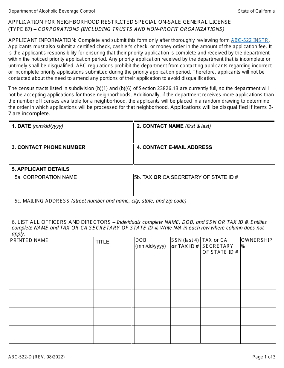Form ABC-522-D Application for Neighborhood Restricted Special on-Sale General License (Type 87) - Corporations (Including Trusts and Non-profit Organizations) - California, Page 1
