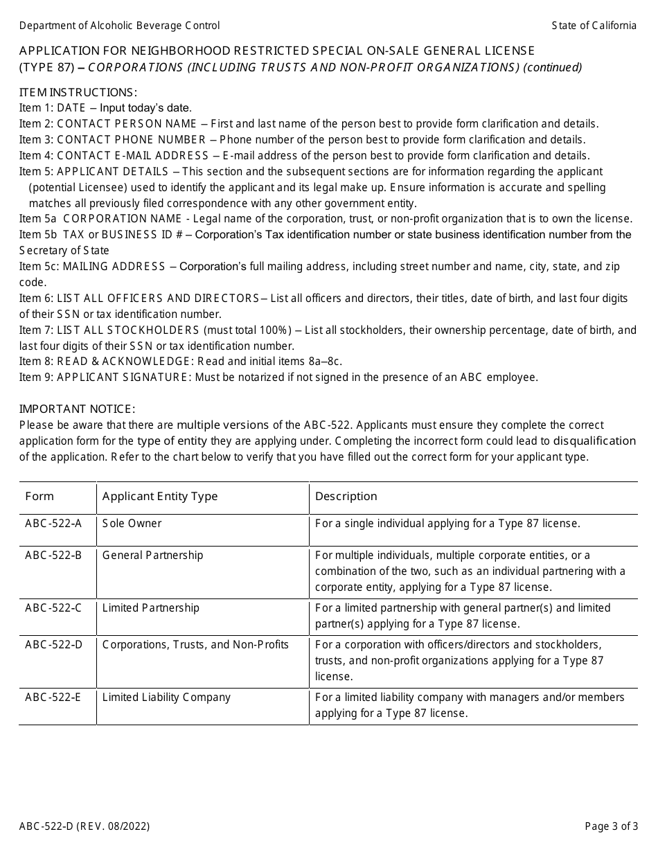 Form ABC-522-D Application for Neighborhood Restricted Special on-Sale General License (Type 87) - Corporations (Including Trusts and Non-profit Organizations) - California, Page 3