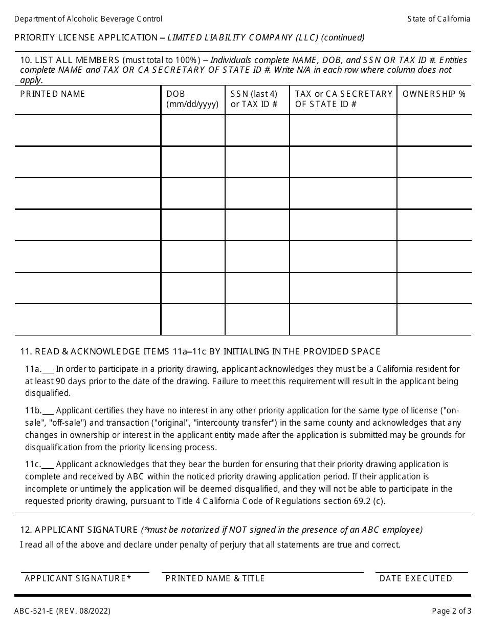 Form ABC-521-E Priority License Application - Limited Liability Company (LLC) - California, Page 2