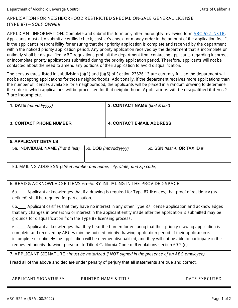 Form ABC-522-A Application for Neighborhood Restricted Special on-Sale General License (Type 87) - Sole Owner - California, Page 1