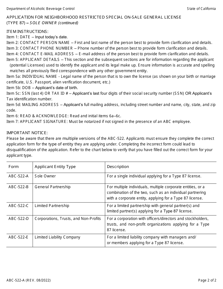 Form ABC-522-A Application for Neighborhood Restricted Special on-Sale General License (Type 87) - Sole Owner - California, Page 2