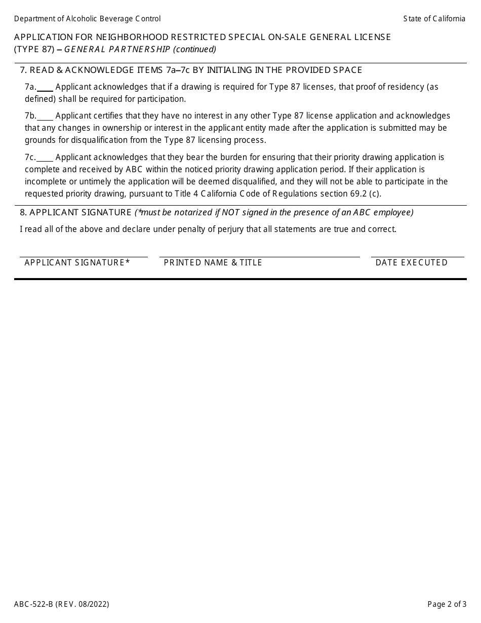 Form ABC-522-B Application for Neighborhood Restricted Special on-Sale General License (Type 87) - General Partnership - California, Page 2
