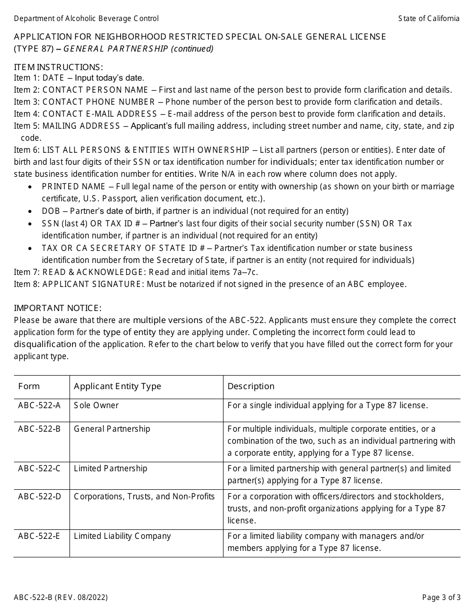 Form ABC-522-B Application for Neighborhood Restricted Special on-Sale General License (Type 87) - General Partnership - California, Page 3