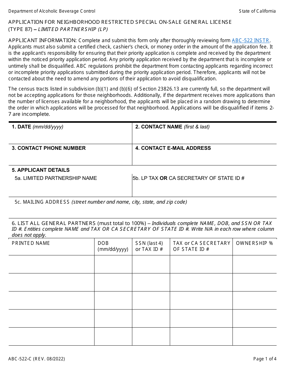 Form ABC-522-C Application for Neighborhood Restricted Special on-Sale General License (Type 87) - Limited Partnership (Lp) - California, Page 1
