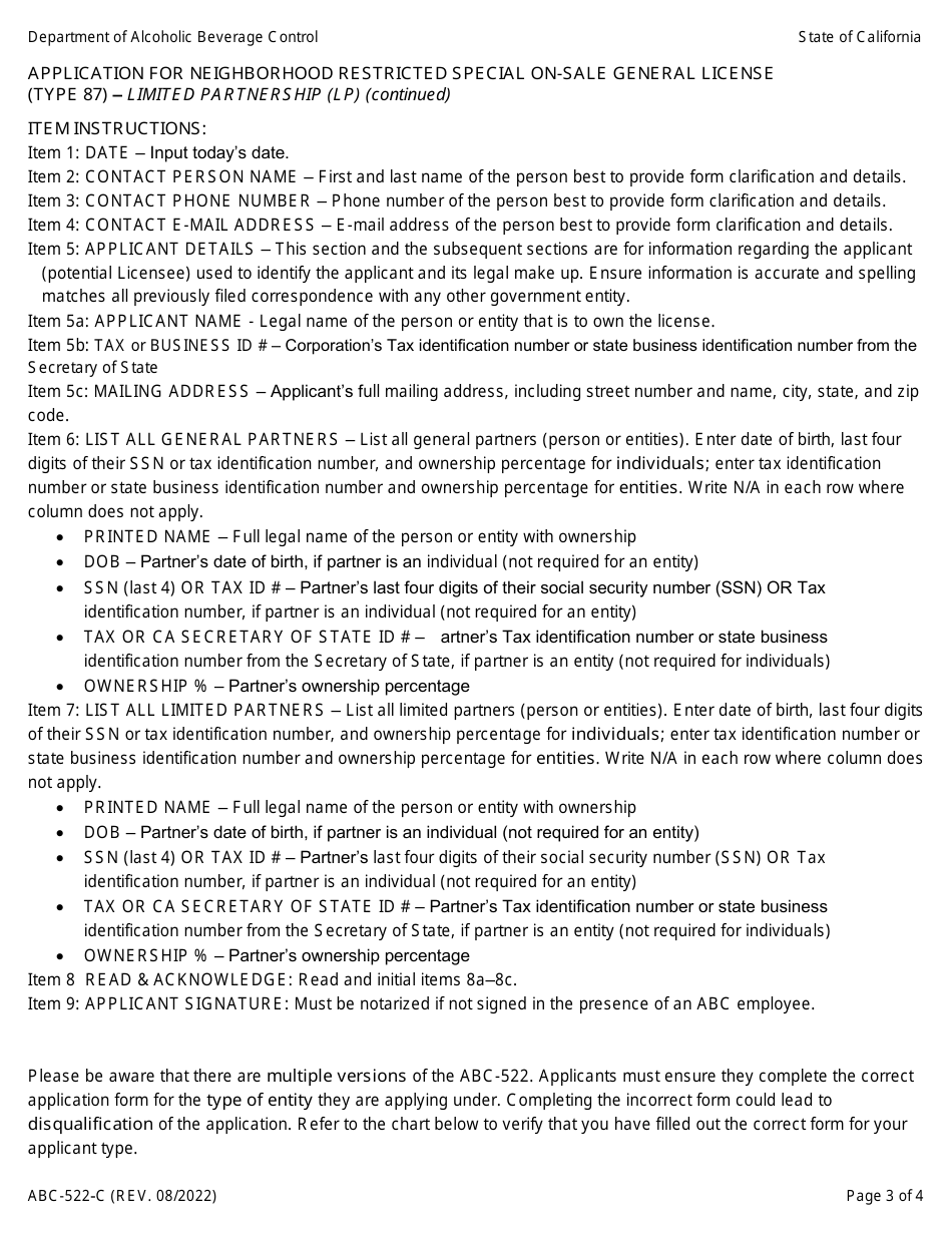 Form ABC-522-C Application for Neighborhood Restricted Special on-Sale General License (Type 87) - Limited Partnership (Lp) - California, Page 3