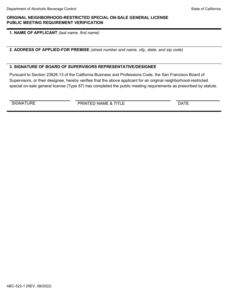 Form ABC-522-1 Original Neighborhood-Restricted Special on-Sale General License Public Meeting Requirement Verification - California, Page 1