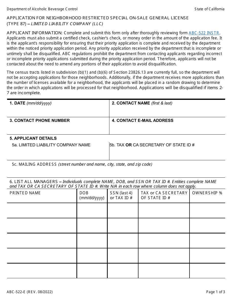 Form ABC-522-E Application for Neighborhood Restricted Special on-Sale General License (Type 87) - Limited Liability Company (LLC) - California, Page 1
