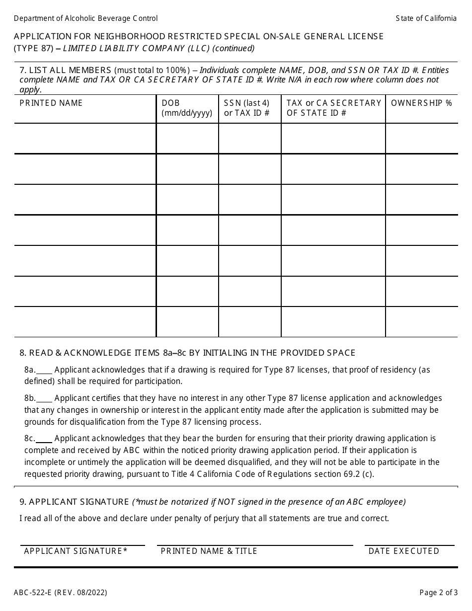 Form ABC-522-E Application for Neighborhood Restricted Special on-Sale General License (Type 87) - Limited Liability Company (LLC) - California, Page 2