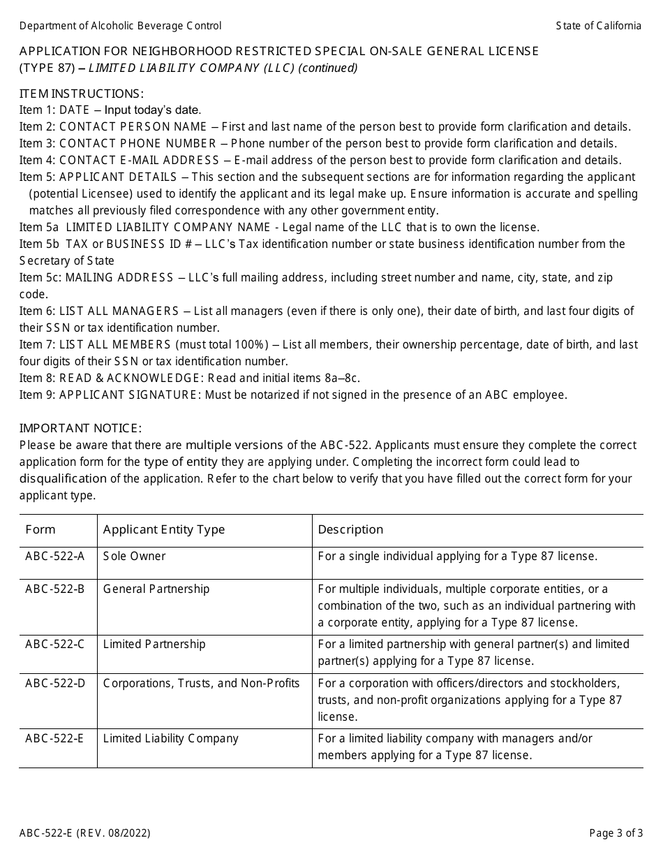 Form ABC-522-E Application for Neighborhood Restricted Special on-Sale General License (Type 87) - Limited Liability Company (LLC) - California, Page 3