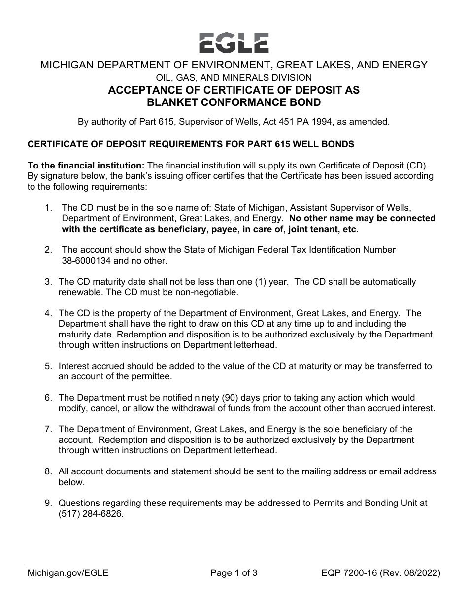 Form EQP7200-16 Acceptance of Certificate of Deposit as Blanket Conformance Bond - Michigan, Page 1