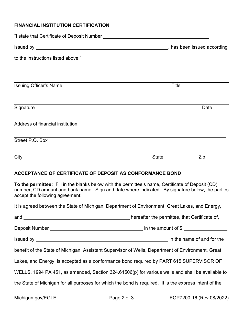 Form EQP7200-16 Acceptance of Certificate of Deposit as Blanket Conformance Bond - Michigan, Page 2