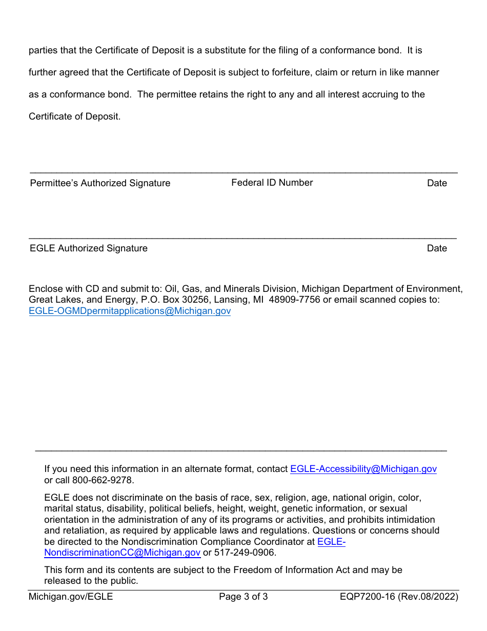 Form EQP7200-16 Acceptance of Certificate of Deposit as Blanket Conformance Bond - Michigan, Page 3