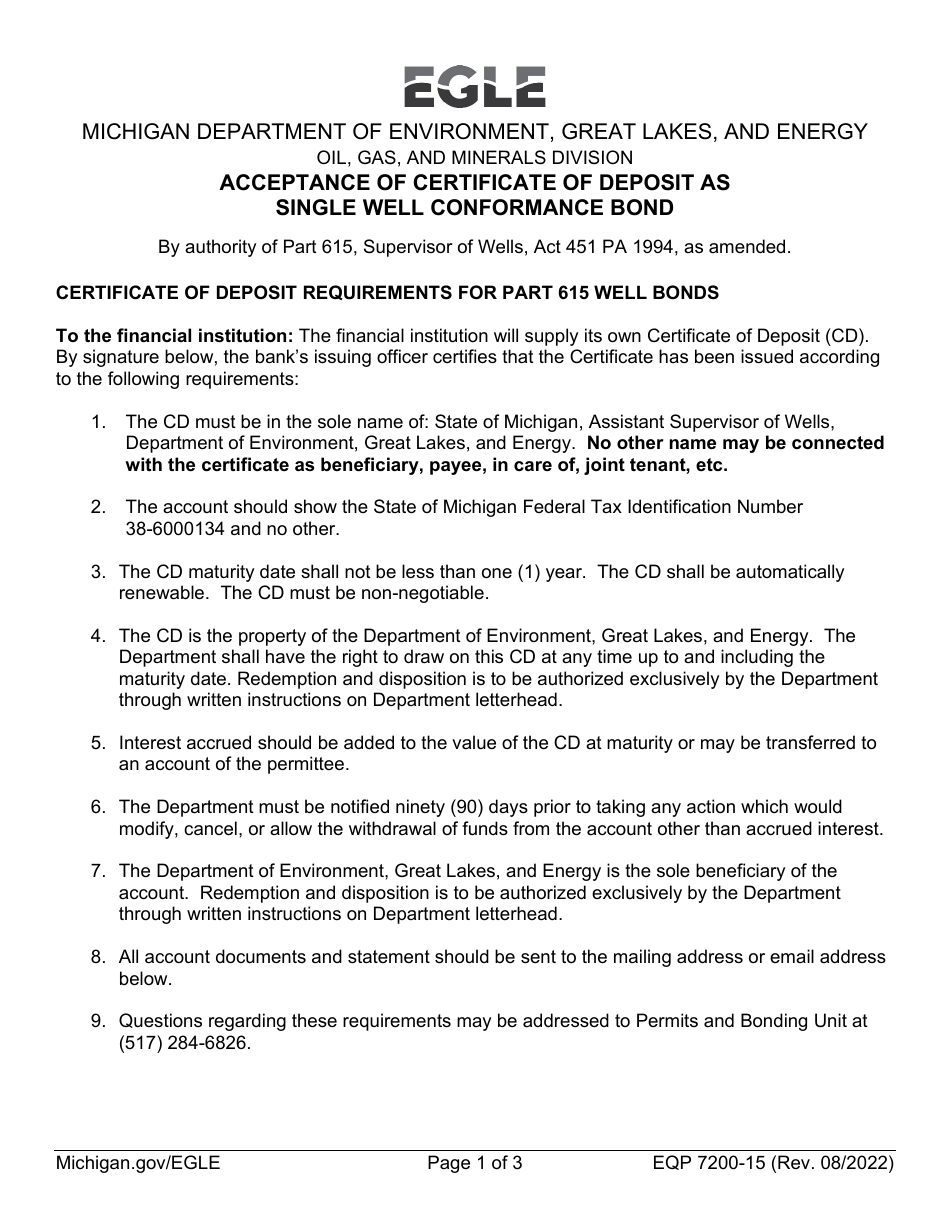 Form EQP7200-15 Acceptance of Certificate of Deposit as Single Well Conformance Bond - Michigan, Page 1