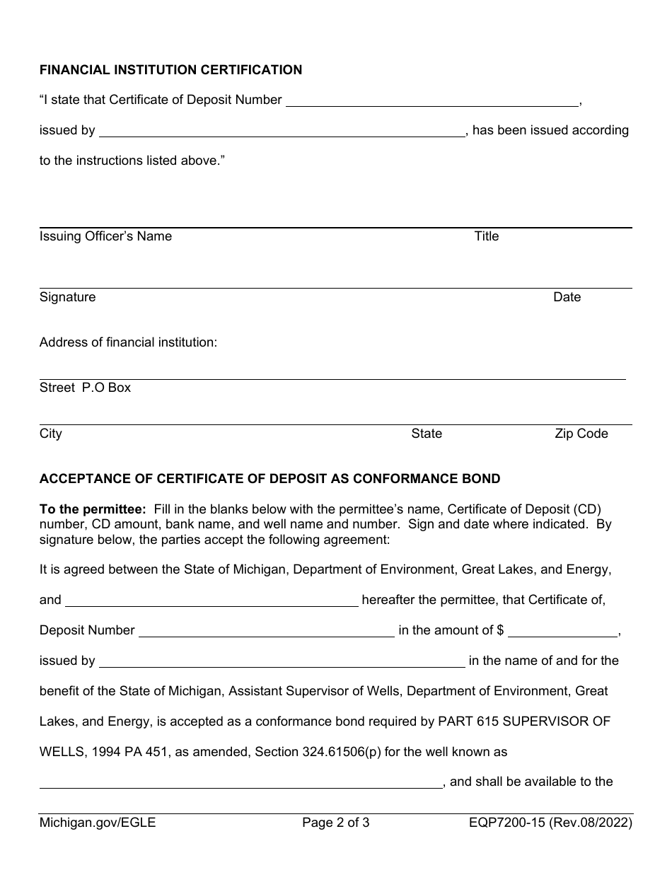 Form EQP7200-15 Acceptance of Certificate of Deposit as Single Well Conformance Bond - Michigan, Page 2