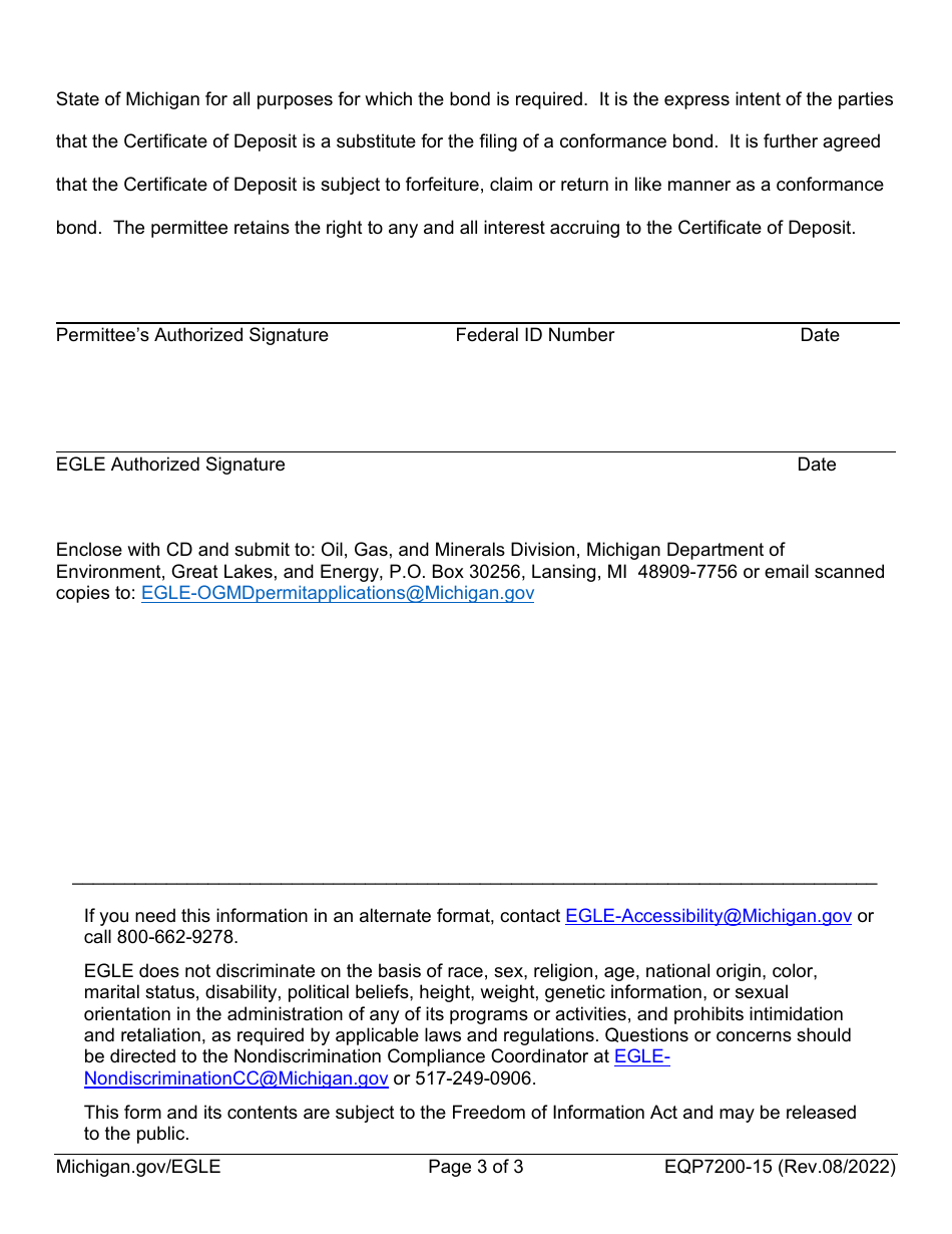 Form EQP7200-15 Acceptance of Certificate of Deposit as Single Well Conformance Bond - Michigan, Page 3