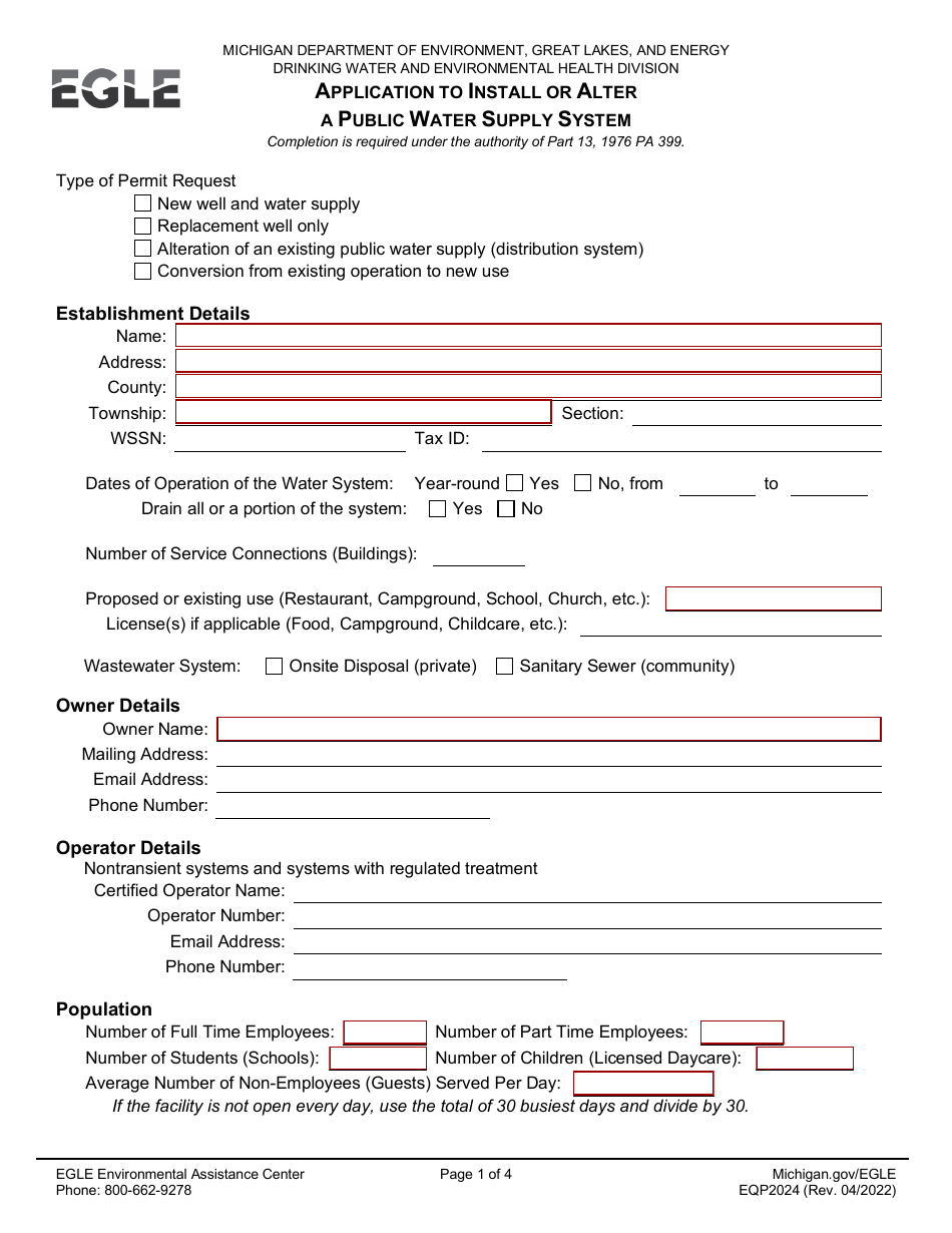 Form EQP2024 Application to Install or Alter a Public Water Supply System - Michigan, Page 1