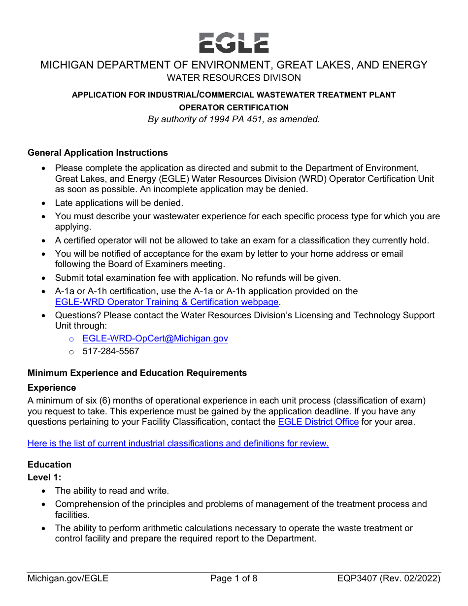 Form EQP3407 Application for Industrial / Commercial Wastewater Treatment Plant Operator Certification - Michigan, Page 1